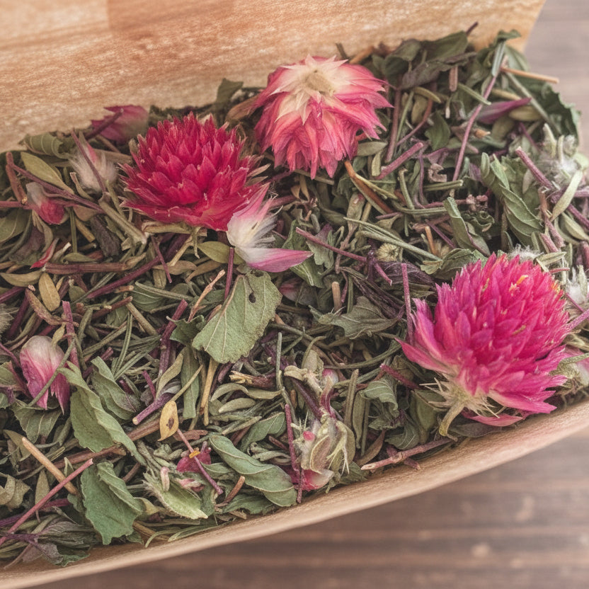 "Detalhe das ervas secas da infusão artesanal Lembrei-me de Ti"