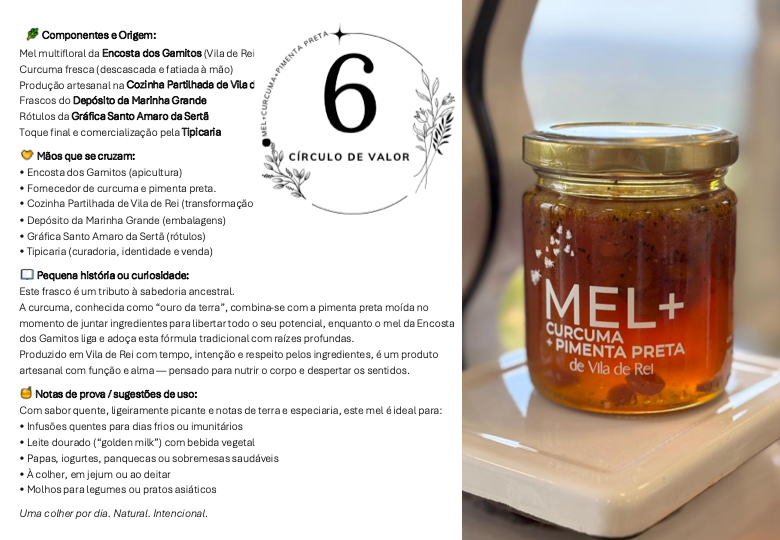 Rótulo explicativo do Mel com Curcuma e Pimenta Preta Rosa dos Ventos, destacando propriedades antioxidantes e artesanais