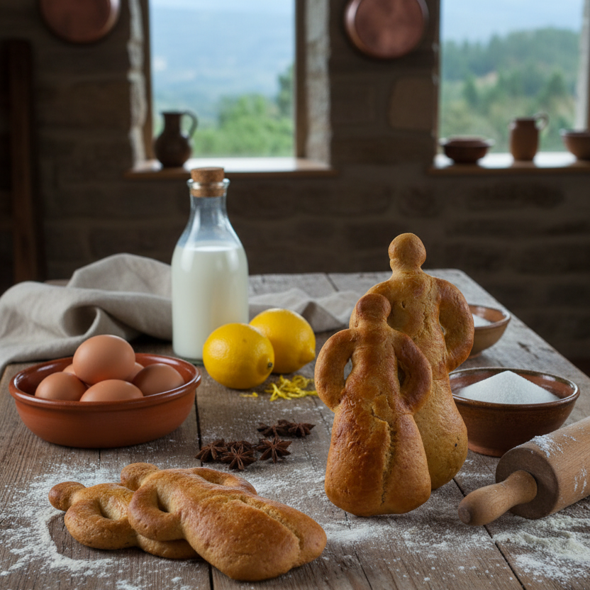 bonecas dos ricos a serem feitas na cozinha com os ingredientes em volta- ovos, leite, farinha