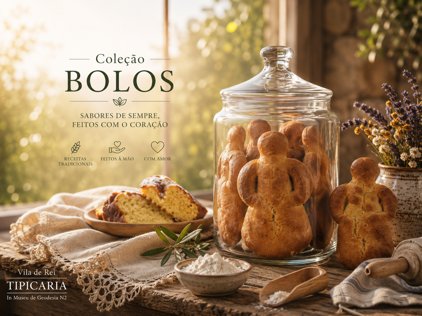 “Bonecas dos Ricos artesanais sobre toalha de linho, com vista da serra e frascos de doce ao fundo.”