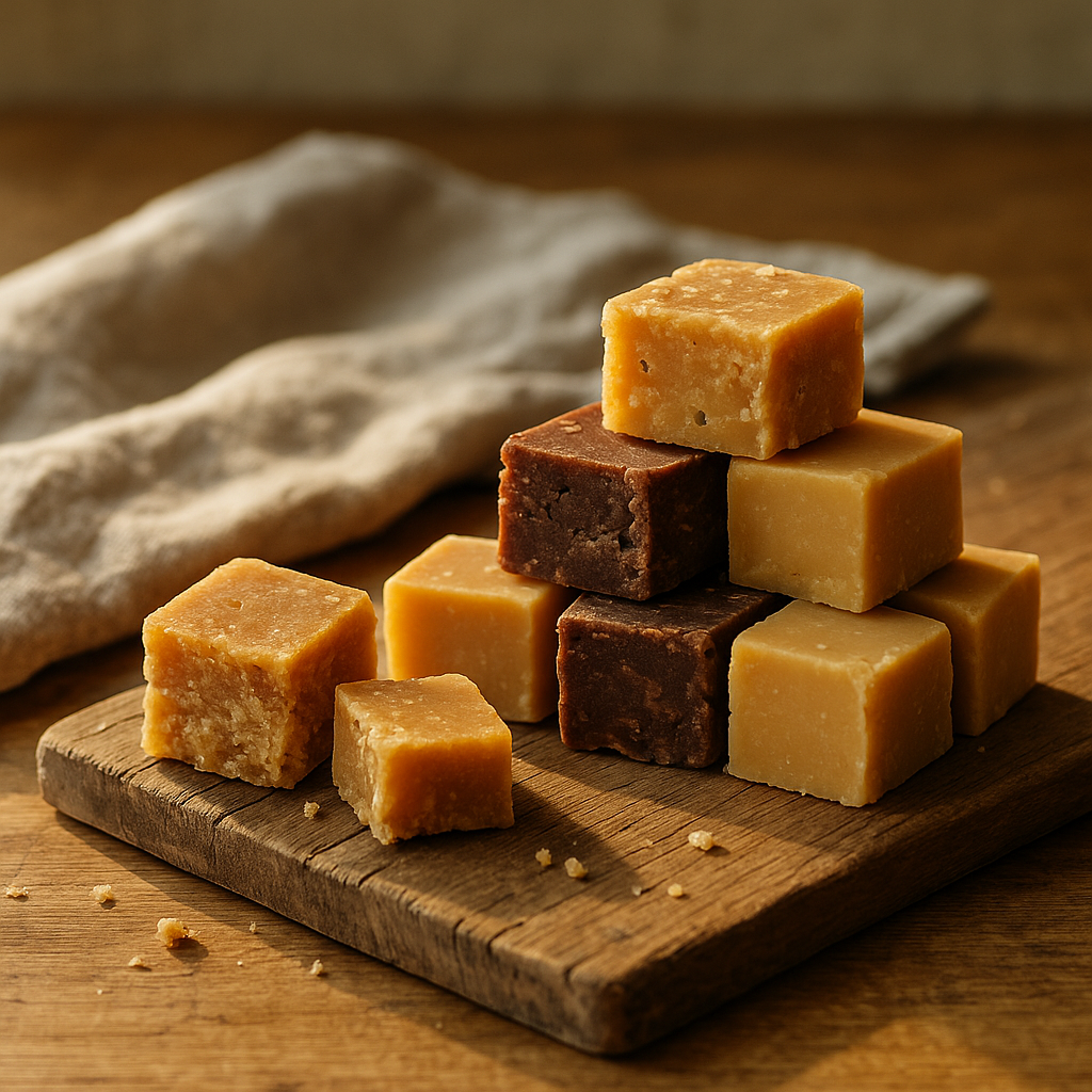 “Fudge artesanal da Tipicaria — cubos de chocolate e caramelo feitos à mão, fotografados em tabuleiro de madeira com luz natural.”