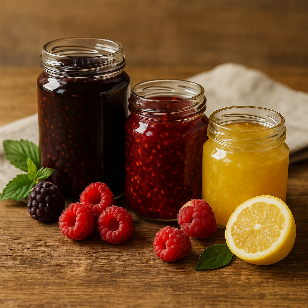 Frascos de doce artesanal Tipicaria - frutos do bosque, framboesa e limão fotografados com fruta fresca e luz natural 