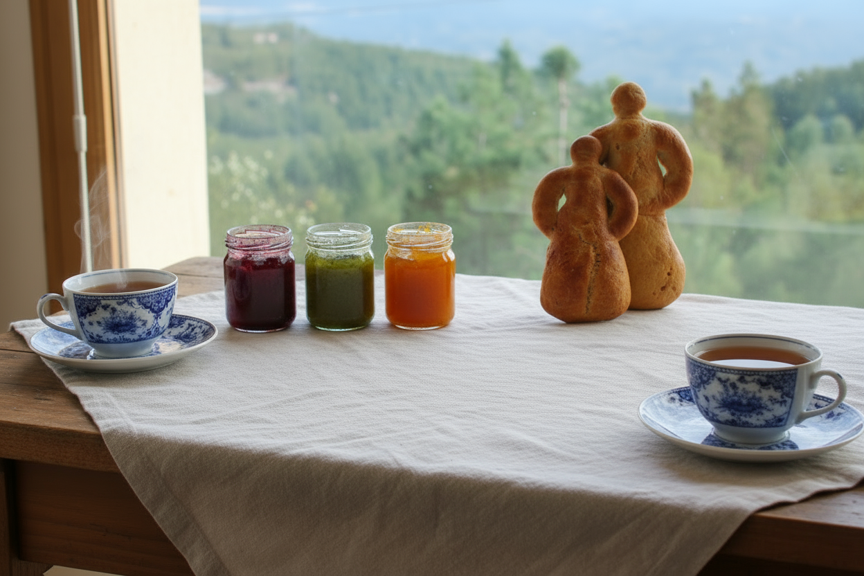 “Bonecas dos Ricos artesanais sobre toalha de linho, com vista da serra e frascos de doce ao fundo.”