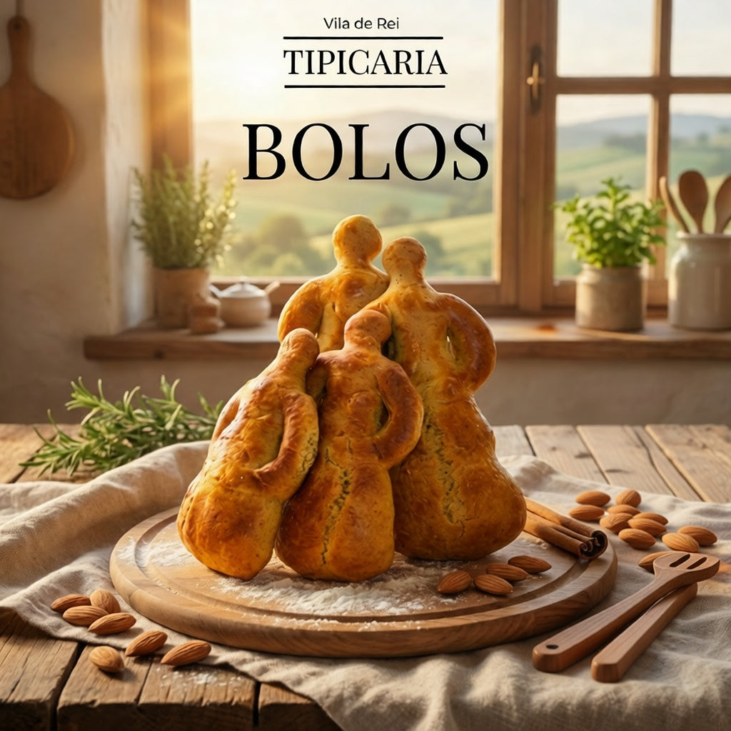 “Bonecas dos Ricos artesanais sobre toalha de linho, com vista da serra e frascos de doce ao fundo.”