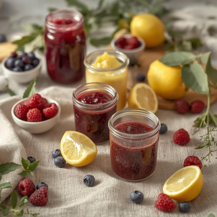 Doces Tipicaria em frascos de vidro, feitos com fruta verdadeira e alma beirã, entre limões e frutos do bosque.