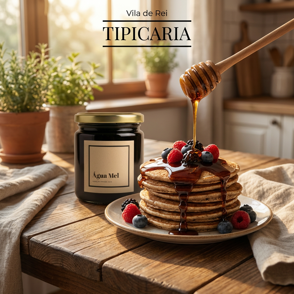 mesa rustica com água mel a regar panquecas saudáveis com frutos vermelhos