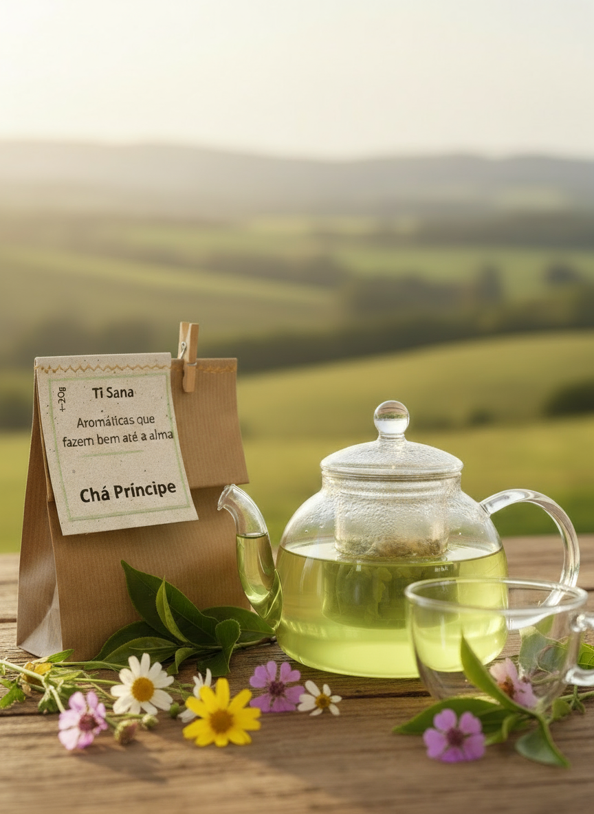 Infusão Chá Príncipe Ti Sana servida em chávena elegante
