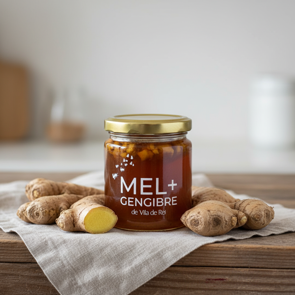 Fotografia lifestyle de um frasco de mel com gengibre artesanal rodeado por ingredientes reais — raiz de gengibre fresca com terra visível, limpo mas não perfeito, madeira rústica, pano de linho cru, fundo neutro natural, luz lateral suave, estética honesta e artesanal, estilo editorial gastronómico, sensação de produto feito à mão em pequena escala.