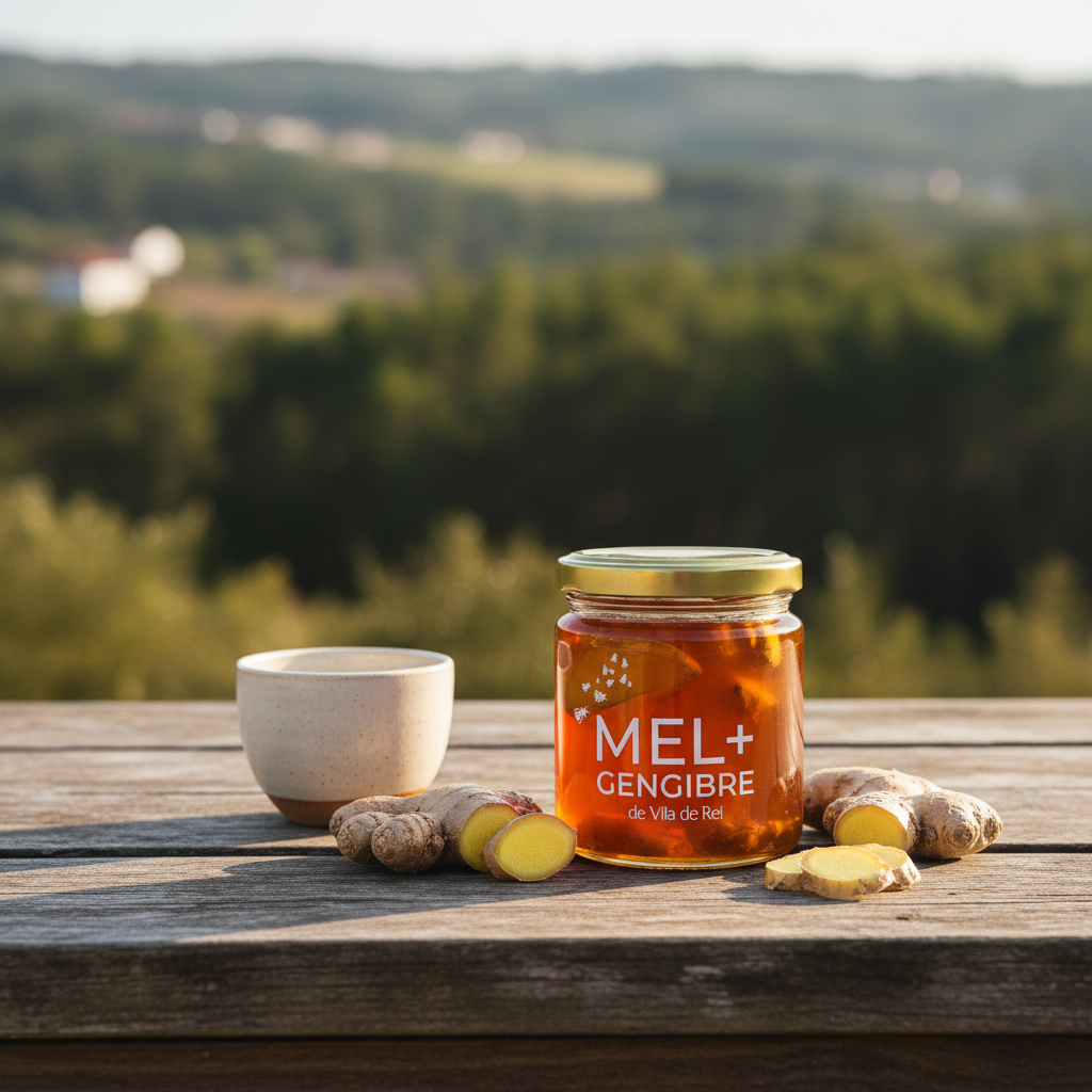 Fotografia lifestyle de mel com gengibre artesanal num ambiente natural, mesa exterior de madeira, vista subtil de campo ou floresta portuguesa desfocada ao fundo, frasco acompanhado por gengibre fresco e chávena simples, luz natural dourada, sensação de ligação à terra, tranquilidade e tradição, estilo editorial natural, cores suaves e orgânicas.