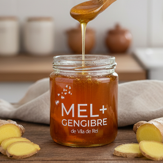 Mel com Gengibre em mesa rústica com gengibre fresco e luz natural