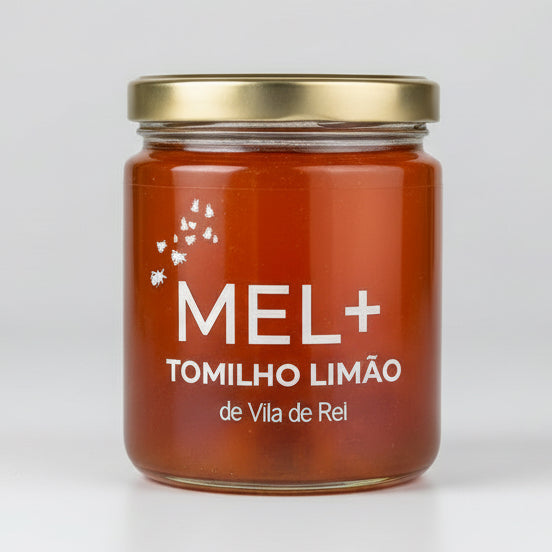 frasco de mel + tomilho Limão em fotografia de estúdio 