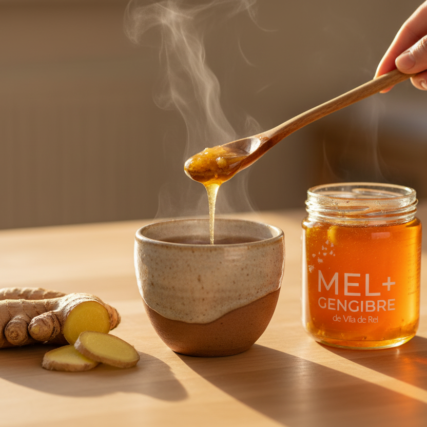 Fotografia lifestyle de uma chávena de cerâmica artesanal com chá quente, vapor visível, mel com gengibre a ser adicionado com colher de madeira, frasco ao lado, gengibre fresco em destaque, mesa de madeira clara, fundo desfocado, luz de fim de tarde, sensação de conforto, cuidado e bem-estar, fotografia realista, cores naturais, sem cenário artificial.