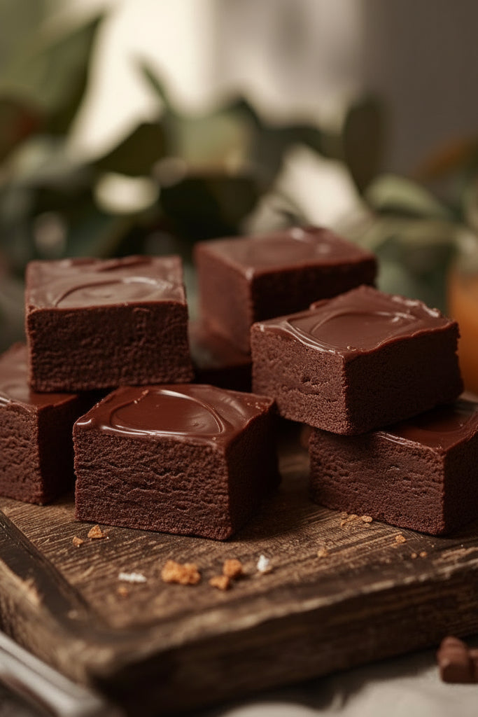 Quadrados de fudge de chocolate em tábua de madeira