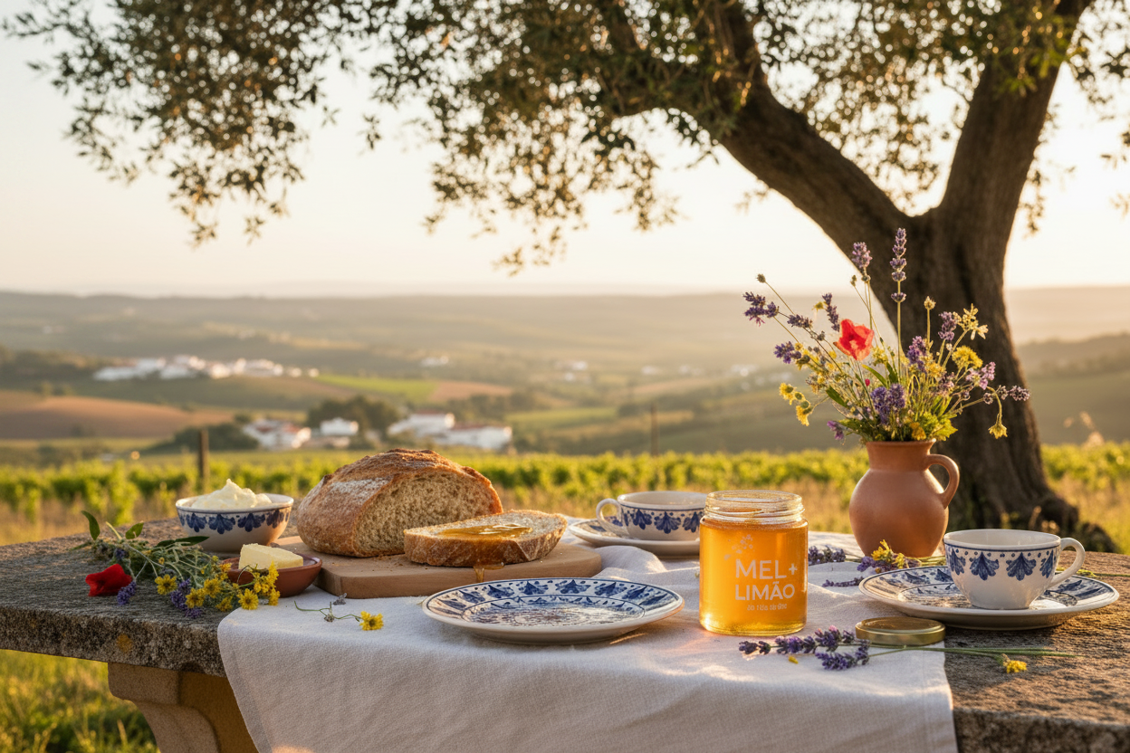 Banner com frasco MEL+ Limão aberto, sem colher, pequeno-almoço gourmet português