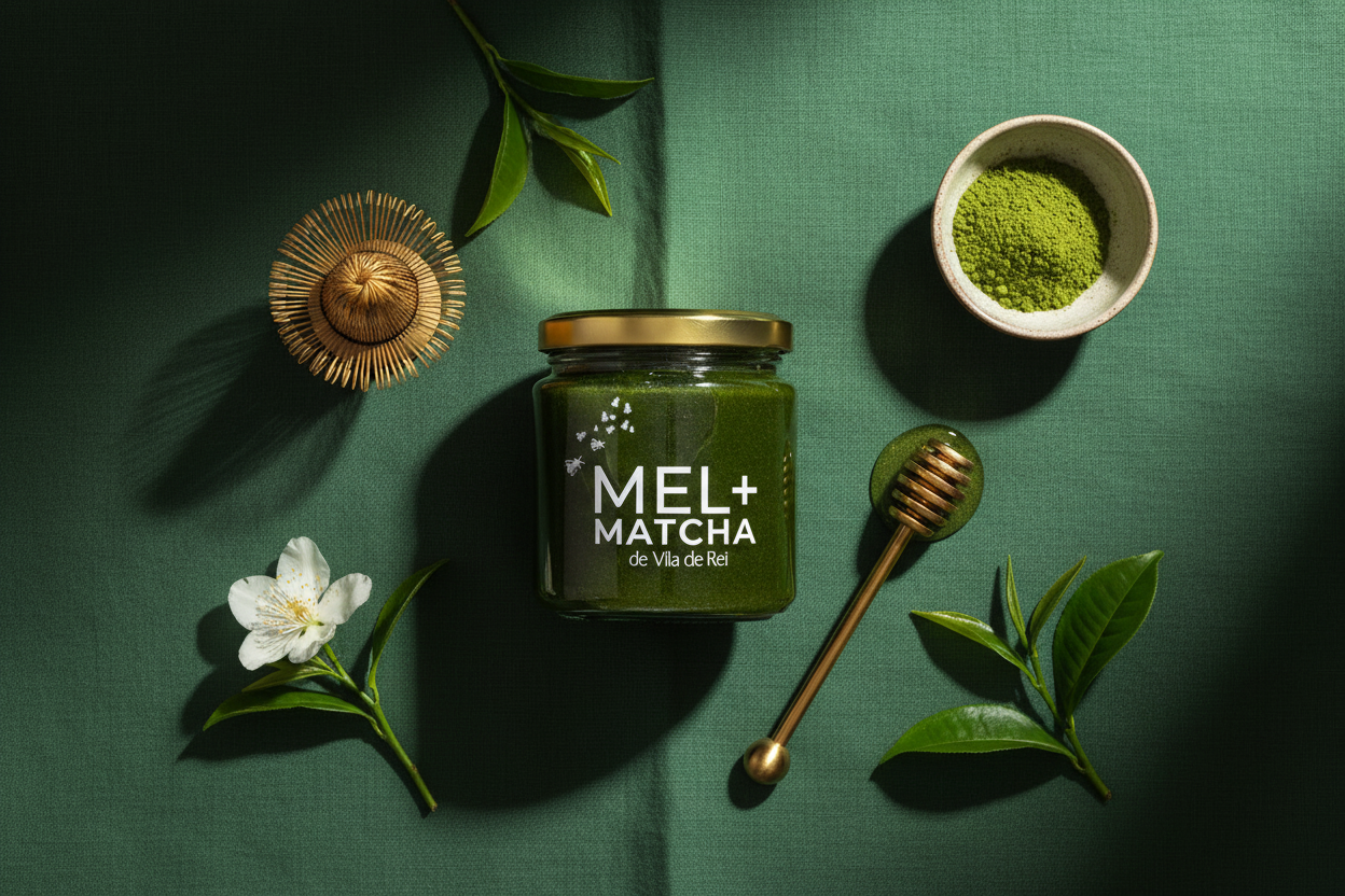 Mel + Matcha — flat lay premium em linho verde com chasen e matcha em pó