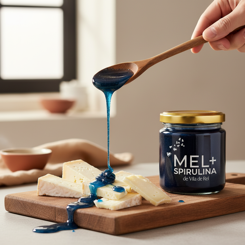 Mel spirulina sobre queijo numa tábua