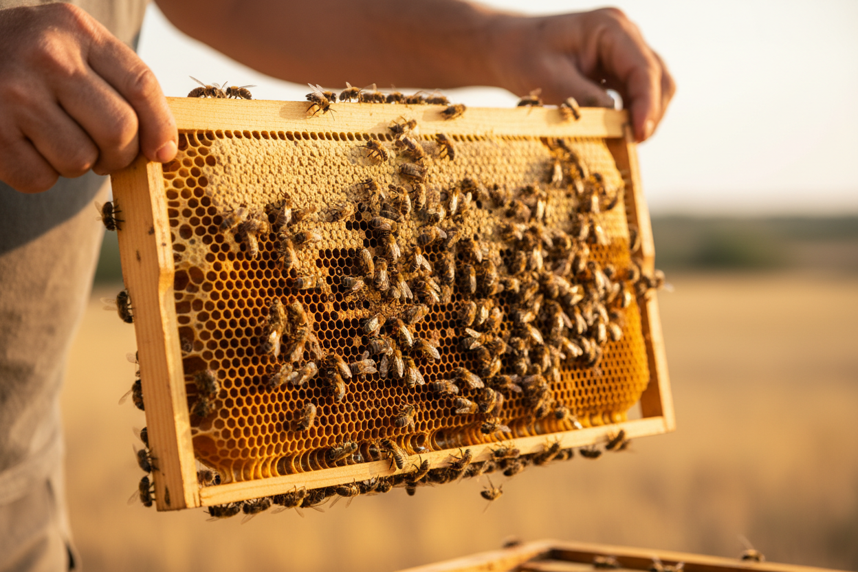 retirada de mel das abelhas so a ver as mãos 